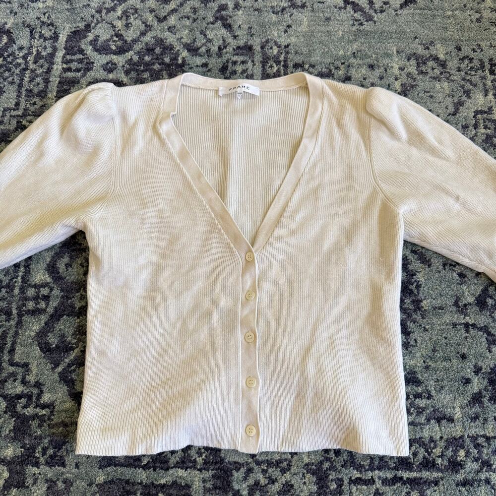 FLAWED FRAME Cropped White Ribbed Puff Sleeve Knit Cardigan Pullover- Size M - Picture 3 of 12